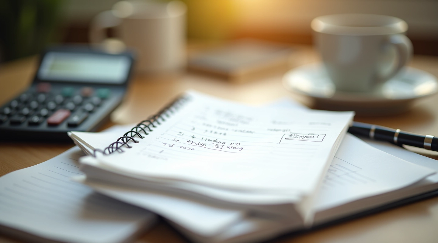 Notebook s finansijskim beleškama i kalkulator na drvenom stolu s kafom