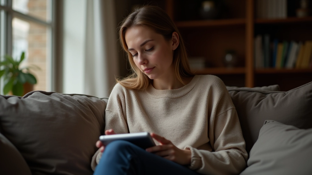 Osoba koja čita financijske podatke na tablets računalu u udobnom domu